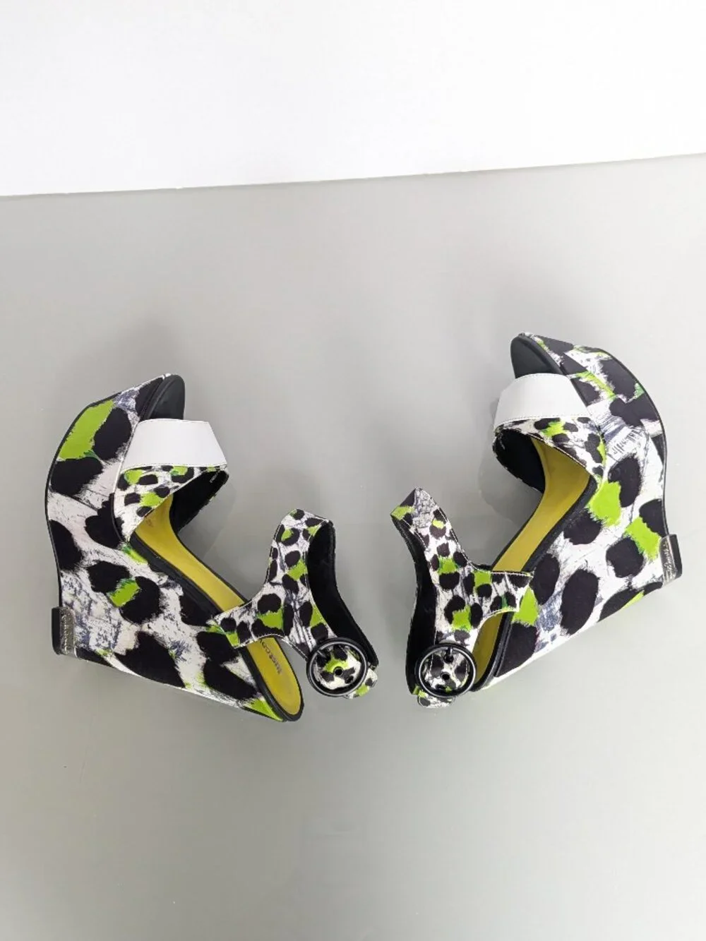 Just Cavalli Y2K Neon Black White Animal Print Open Toe Wedge Heels Size 38